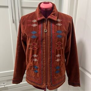 COLDWATER CREEK Velvet Zipper Lined Jacket Embroidered Front Pockets Sz Med